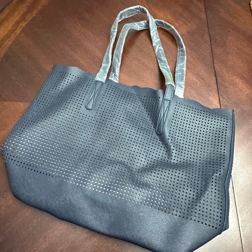 Neiman Marcus Navy Blue Perforated Faux Leather Tote Bag Metallic Interior